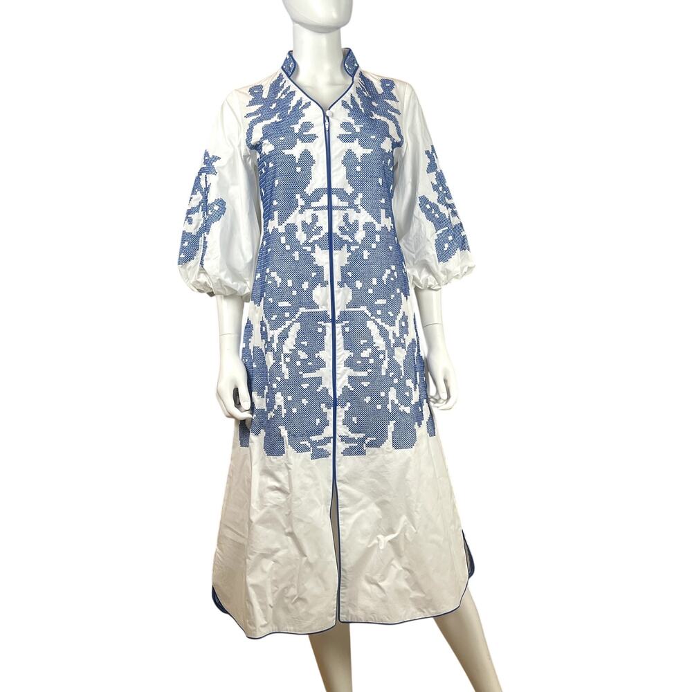 Blue & White Embroidered Cotton Midi Dress – Size S
